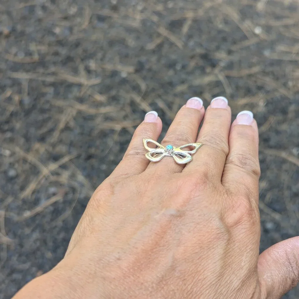 Navajo Turquoise Butterfly Ring Sterling Silver Handmade Native American Sz 5US*